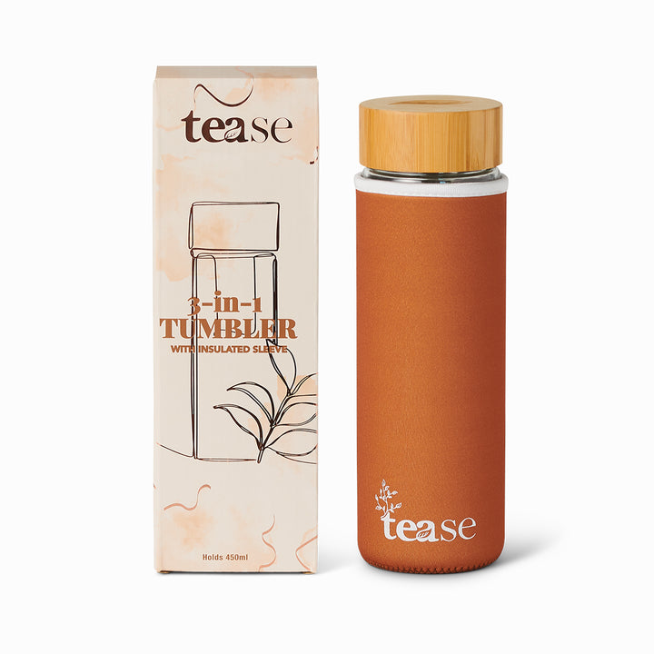 Tease Wellness 3 in 1 Sustainable Glass and Bamboo Tea Tumbler with cinnamon blend, terracotta sleeve, bamboo lid, and.