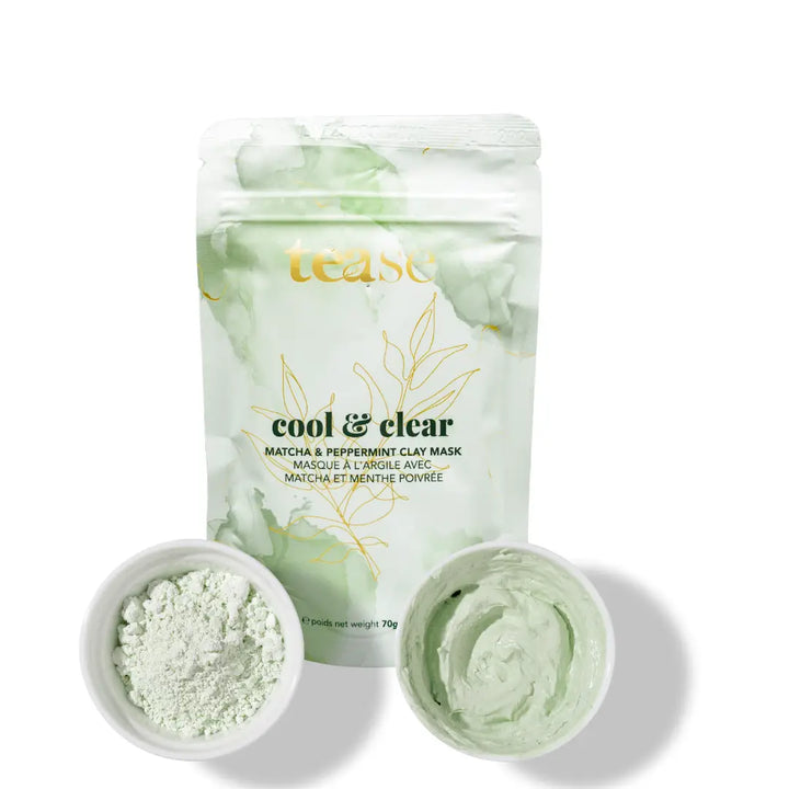 Tease Wellness Cool & Clear Matcha & Peppermint Clay Mask in resealable pouch with green clay powder and whipped mask cream.
