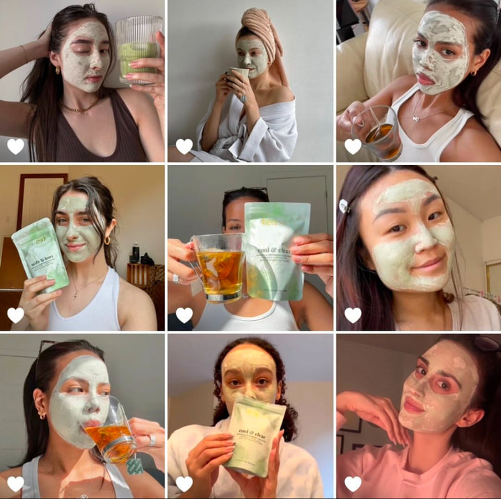 Tease Wellness Cool & Clear Matcha Face Mask sachets and women applying the green tea-infused skincare mask.