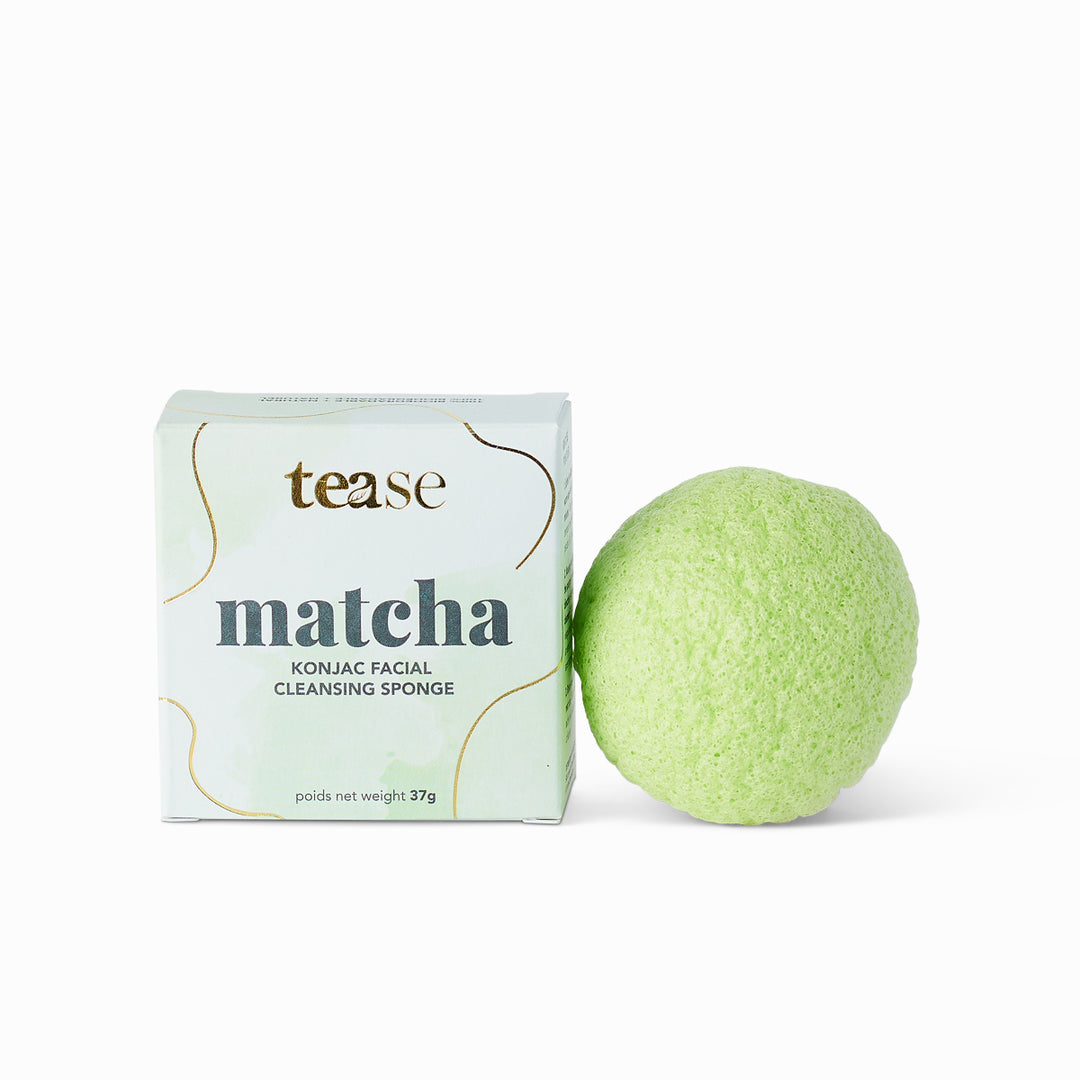 Tease Wellness Matcha Konjac Facial Cleansing Sponge with white and green packaging and round green sponge.