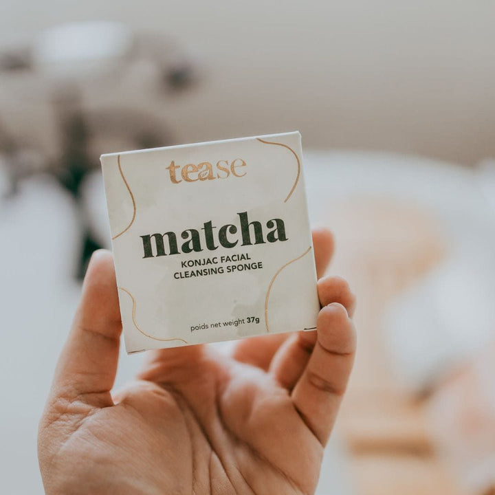Tease Wellness Matcha Konjac Facial Cleansing Sponge in white and green box with gold accents.