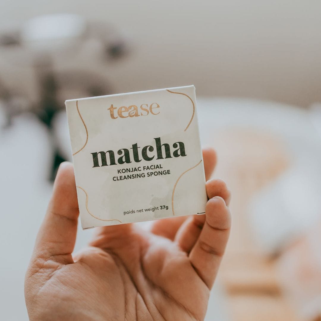 Tease Wellness Matcha Konjac Facial Cleansing Sponge in white and green box with gold accents.