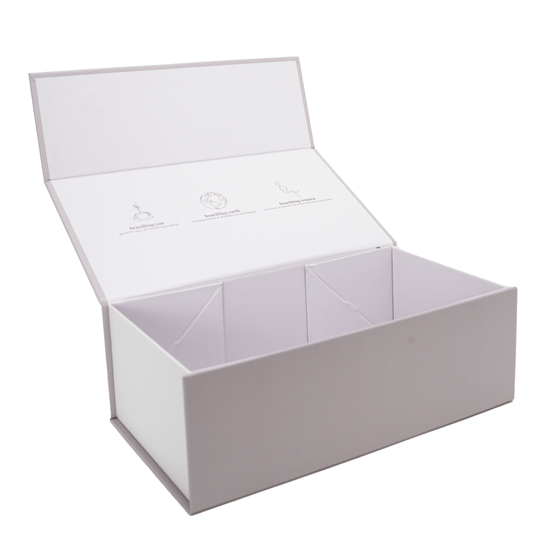 Tease Wellness Gift Box with three compartments in light taupe blossom color and magnetic lid closure.