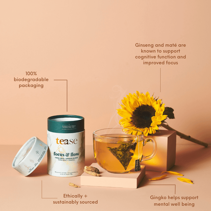 Tease Wellness Focus & Flow tea blend in biodegradable tube with ginseng, maté, and ginkgo, herbal infusion with sunflower.