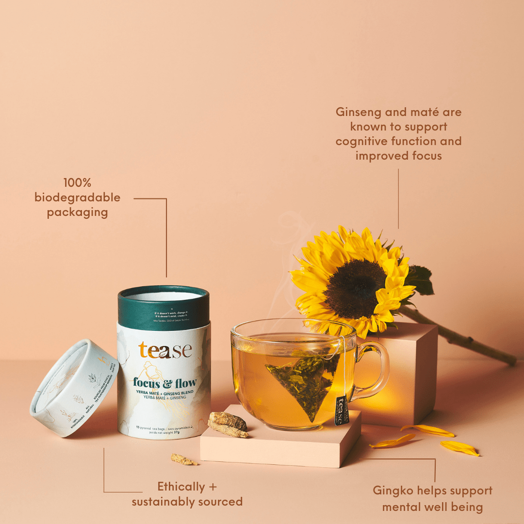 Tease Wellness Focus & Flow tea blend in biodegradable tube with ginseng, maté, and ginkgo, herbal infusion with sunflower.