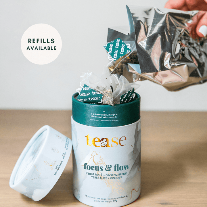 Tease Wellness Focus & Flow tea blend in teal and white tube packaging with ginger and matcha flavor refills shown.