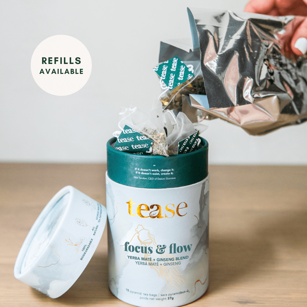 Tease Wellness Focus & Flow tea blend in teal and white tube packaging with ginger and matcha flavor refills shown.