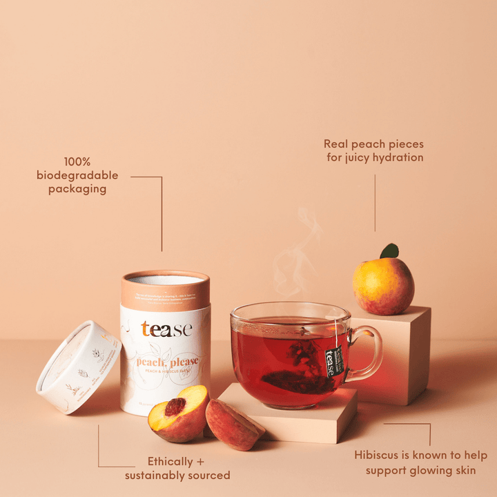 Tease Wellness Peach, Please Refill tea blend with biodegradable packaging, real peach pieces, and hibiscus for skin.