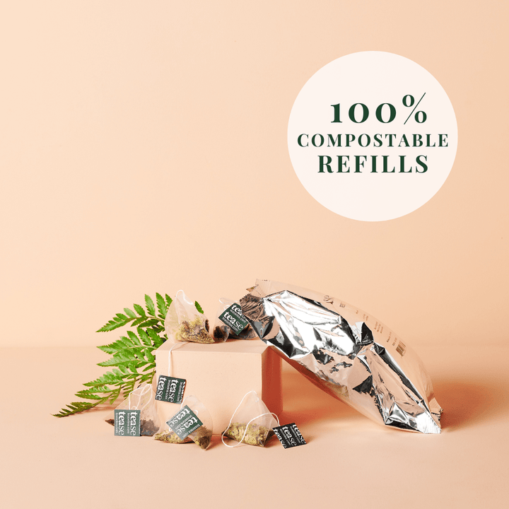 Tease Wellness Peach, Please Refill tea blend with compostable pyramid bags and silver foil packaging.
