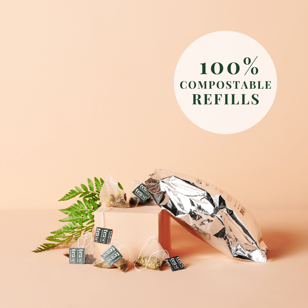 Tease Wellness Peach, Please Refill tea blend with compostable pyramid bags and silver foil packaging.