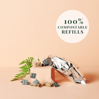 Tease Wellness Peach, Please Refill tea blend with compostable pyramid bags and silver foil packaging.